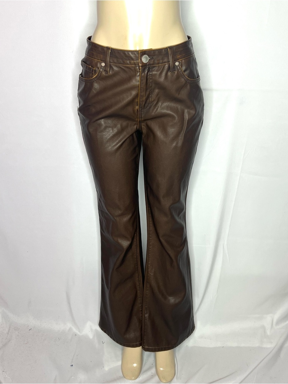 ONE 5 ONE Women’s Distressed Brown Faux Leather Flare leg Pant 8